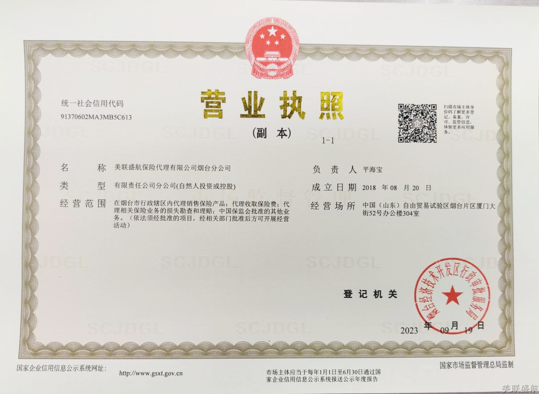 美联盛航保险代理有限公司烟台分公司负责人变更信息披露